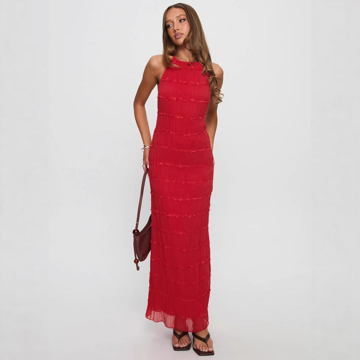 Dame maxikjole med off-shoulder design og flytende volanger Skjora