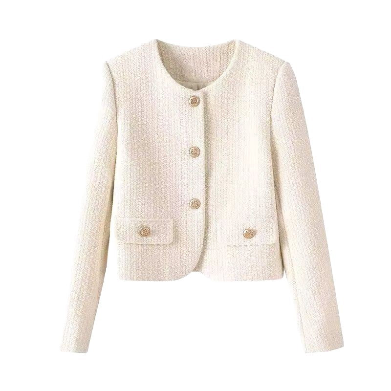 Damer elegant kort jakke i tweed stil med gullknapper Skjora