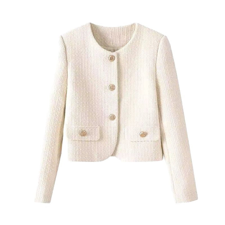 Damer elegant kort jakke i tweed stil med gullknapper Skjora