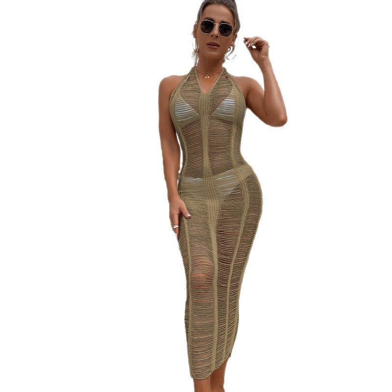 Damen Häkel-Strandkleid mit fransigen Elementen und hoher Taille Skjora