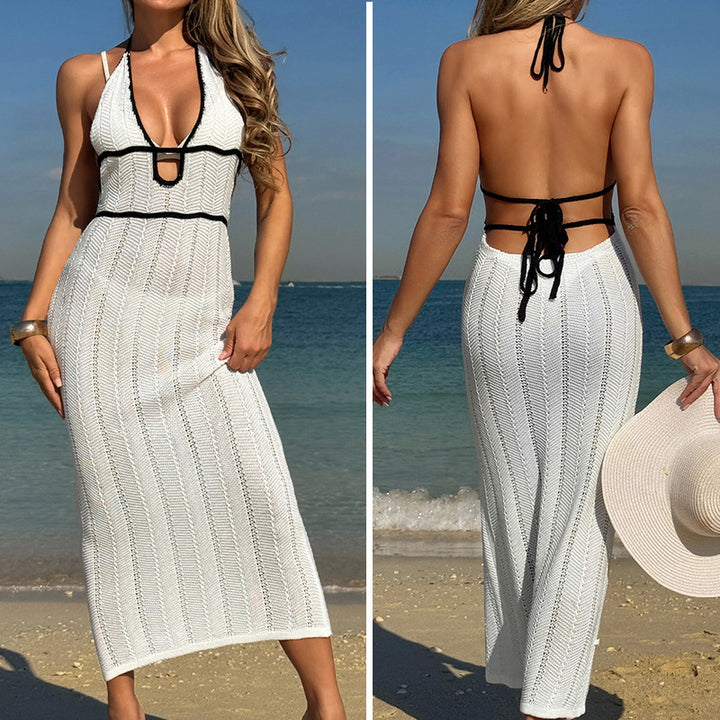 Damen Häkel-Sarongkleid mit tiefem V-Ausschnitt und elastischem Bund Skjora