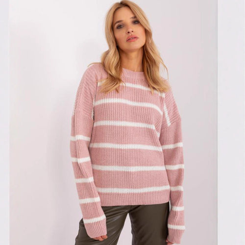 Kvinnes chunky strikkegenser med uformelt stripemønster og rund hals Skjora