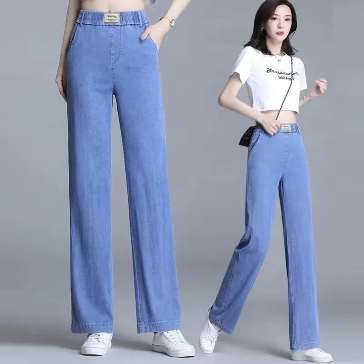 Kvinne Loose Jeans med Elastisk Liv og Praktiske Lommer Skjora
