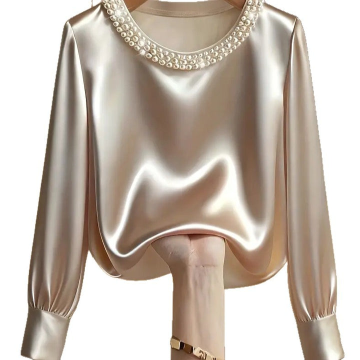 Dame elegant satenglosse bluse med perlekra Whisper