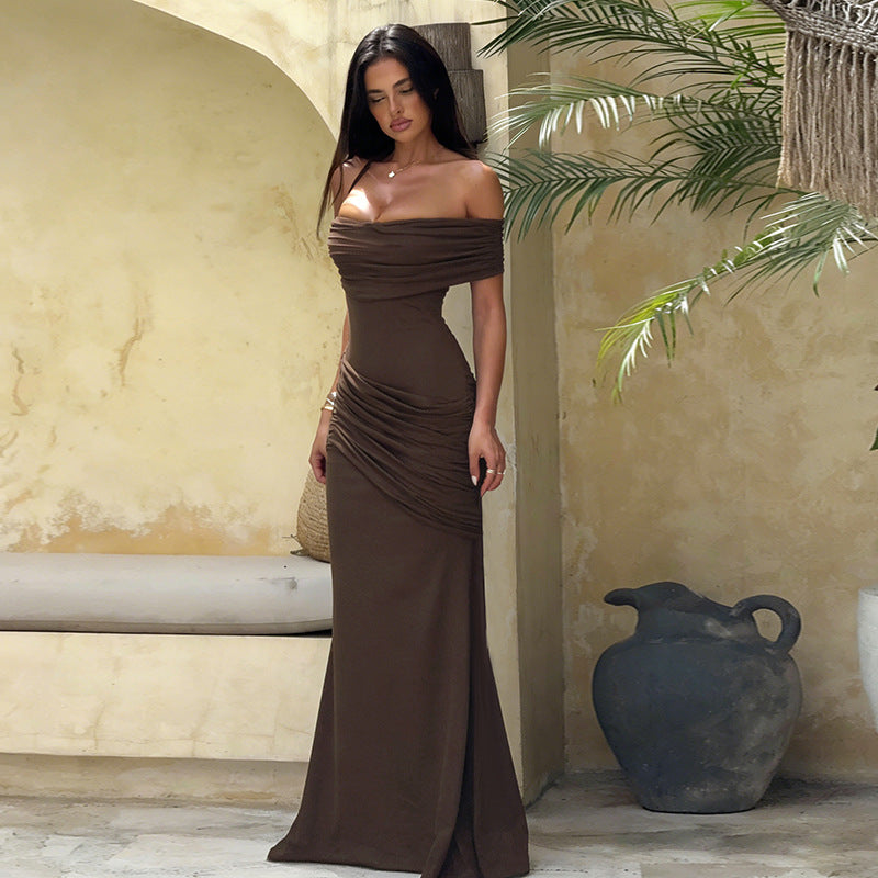 Damer Off-Shoulder Maxi Kjole med Elegant Drapering Skjora