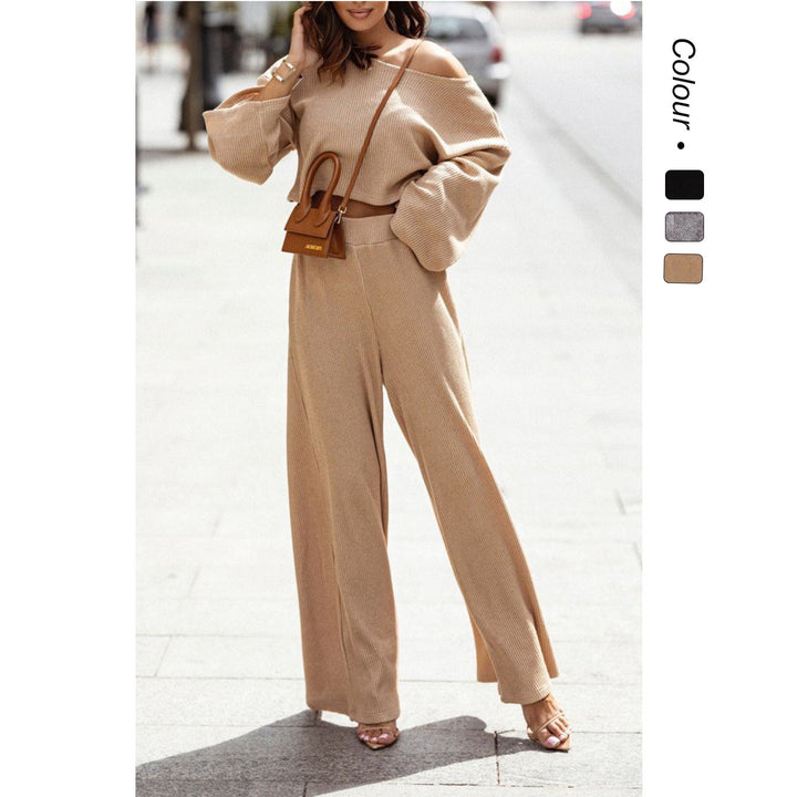 Kvinne Casual To-delt Sett med Myk Stoff og Mote Oversized Ermer