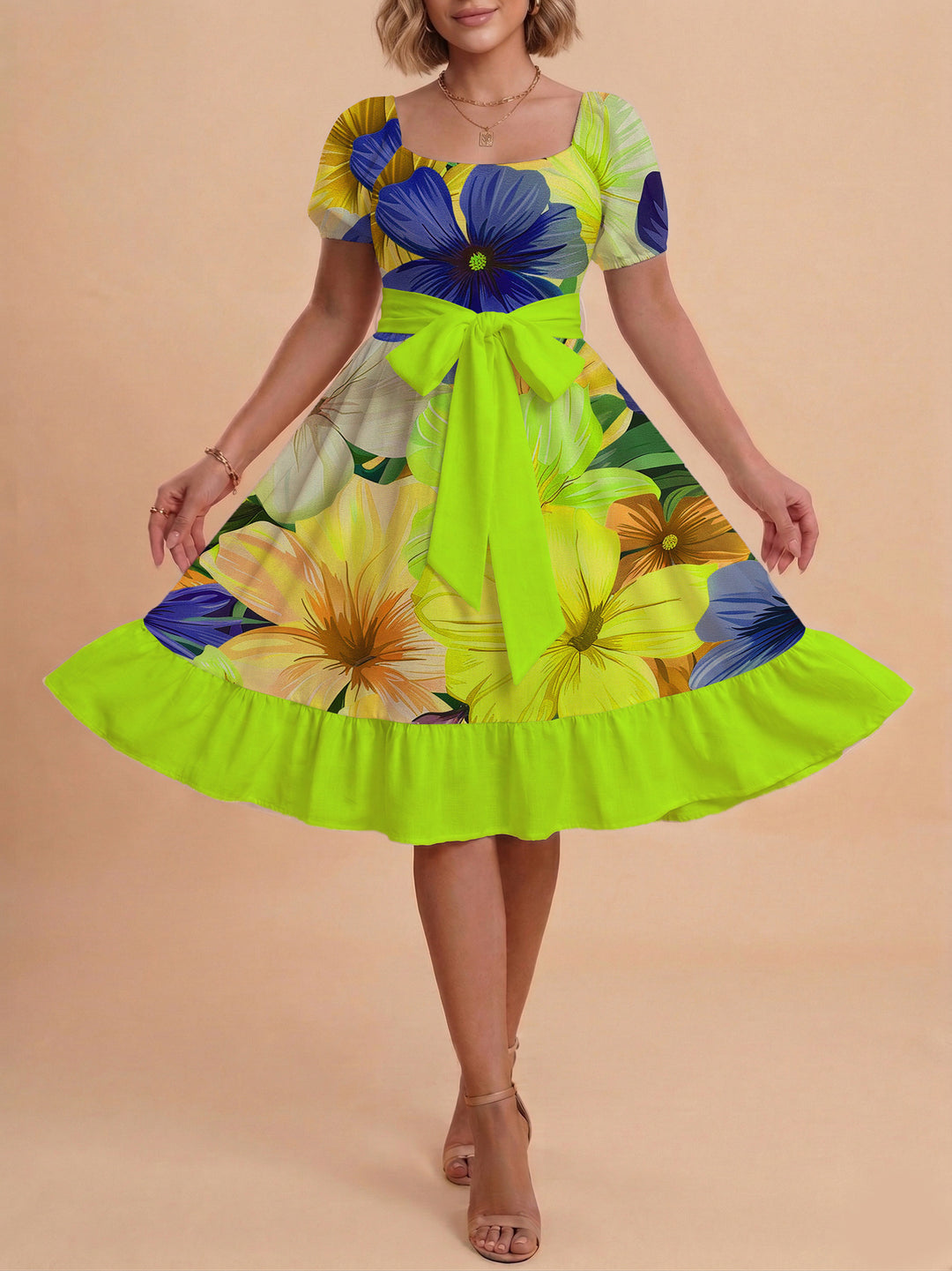 Damen Sommerkleid mit floralem Puffärmel und taillierbarem Gürtel Skjora