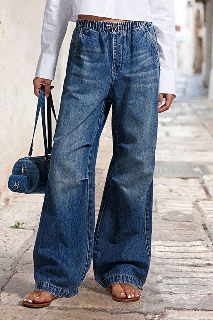 Kvinners vide denimbukser med elastisk midje og høye lommer Skjora