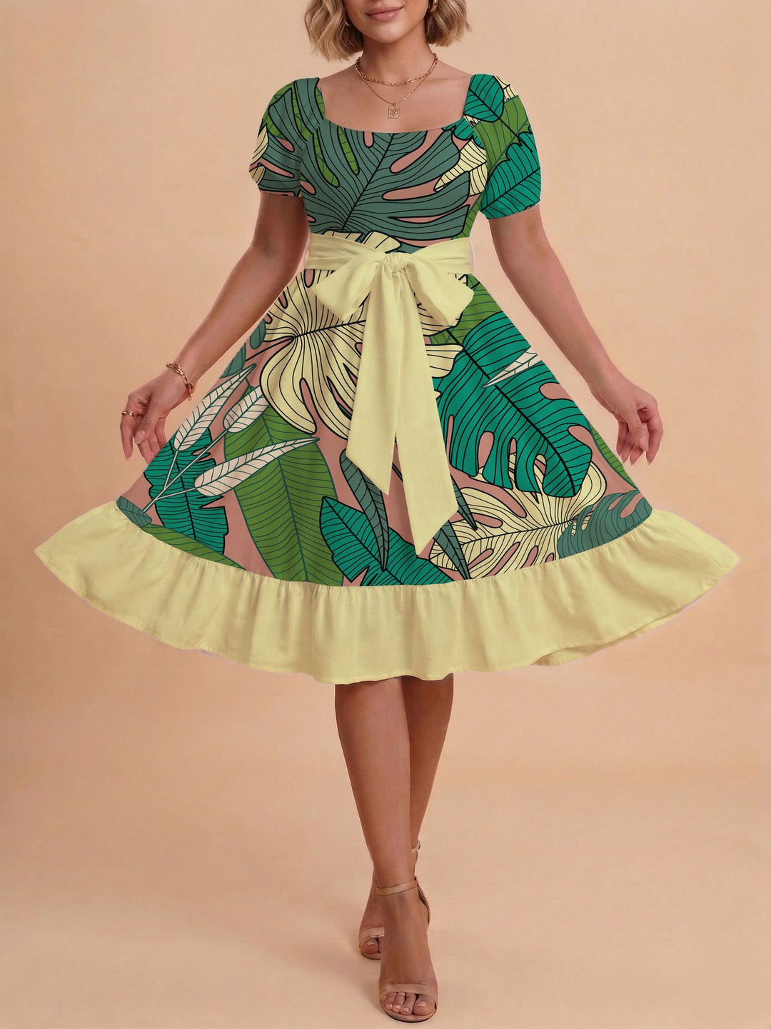 Damen Verspieltes Maxikleid mit Bärenmuster und taillierbarem Band Skjora