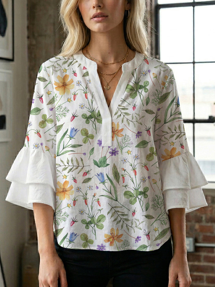 Dame bluse skjorte med voluminøse ermer og blomster mønster Skjora