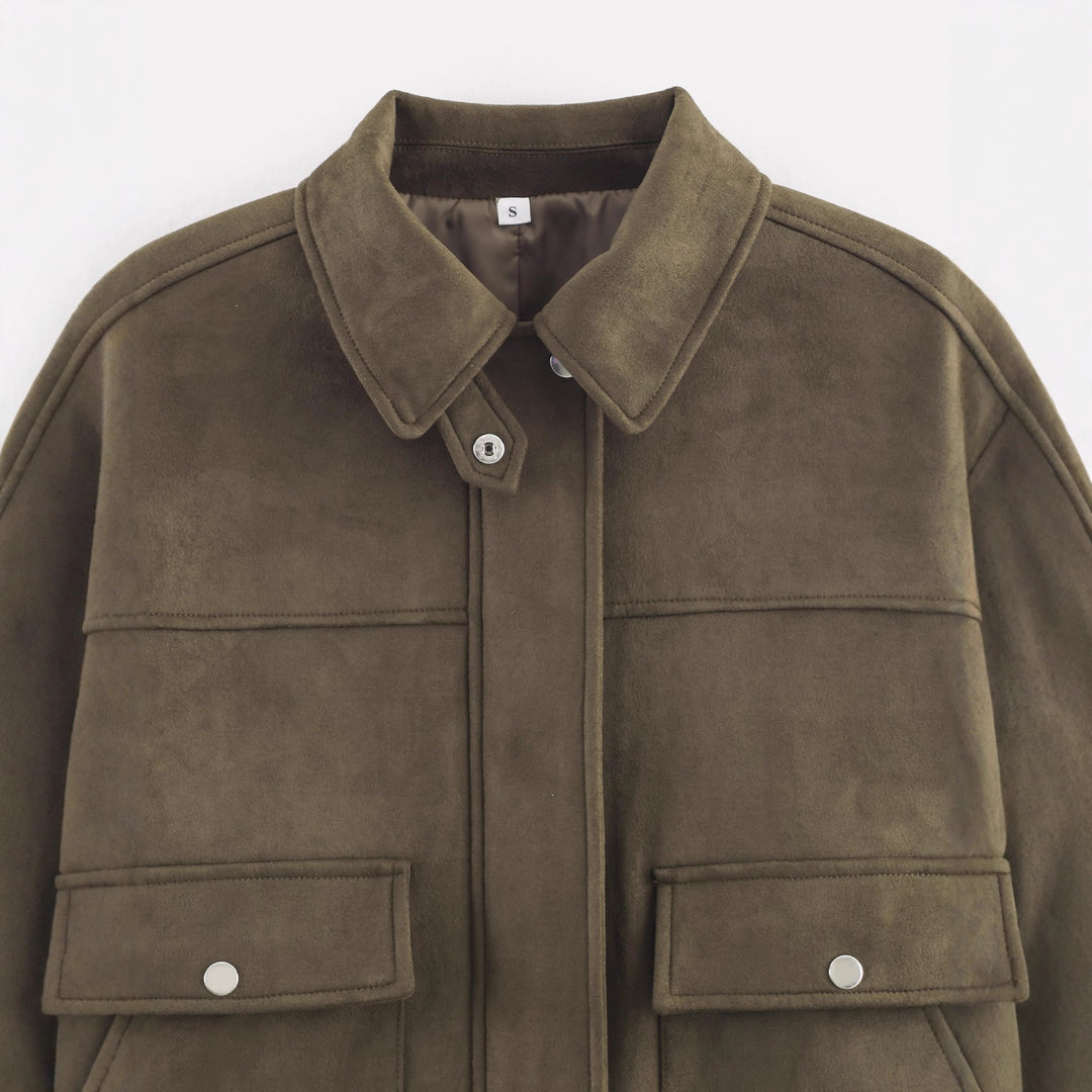 Women's Fashion Short Jacket Made of Soft Synthetic Leather with Practical Pockets