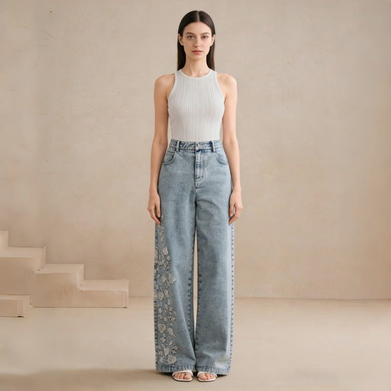 Dame Loose-Fit Jeans med blomsterbroderi Skjora