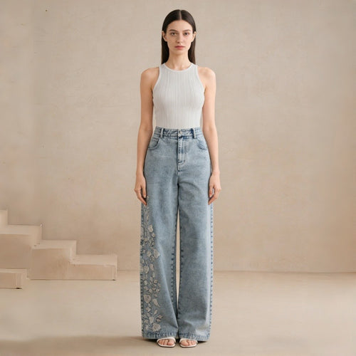 Dame Loose-Fit Jeans med blomsterbroderi Skjora