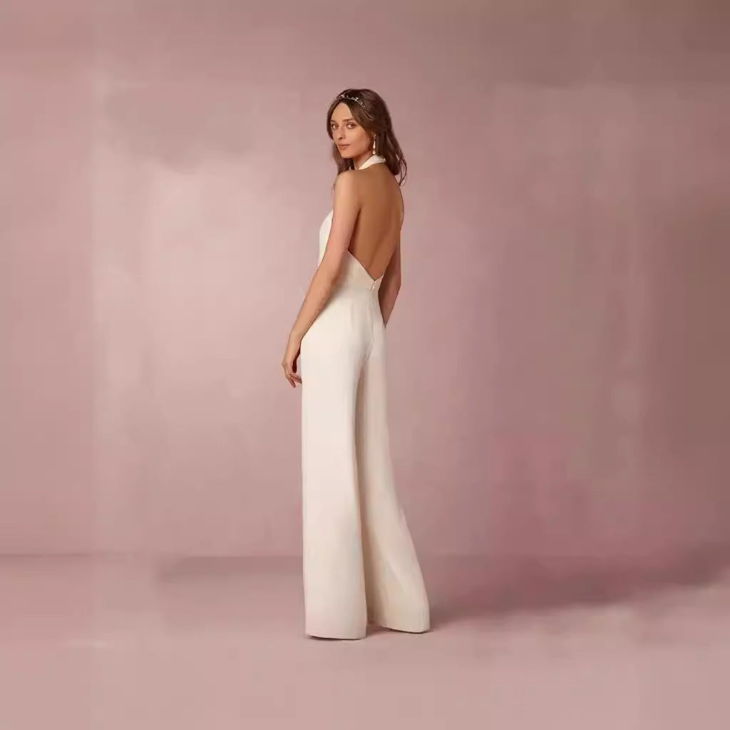 Dame Elegant Jumpsuit med Dyp V-Hals og Bred Bein Skjora