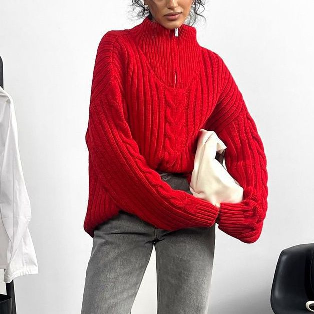 Dame chunky strikkegenser med glidelås krage og kabeldesign Skjora