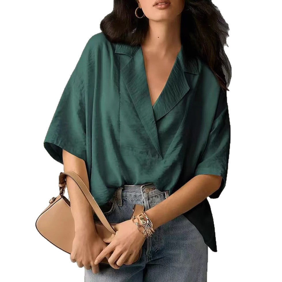 Damer løse oversized bluse med elegant krage og V-hals Skjora