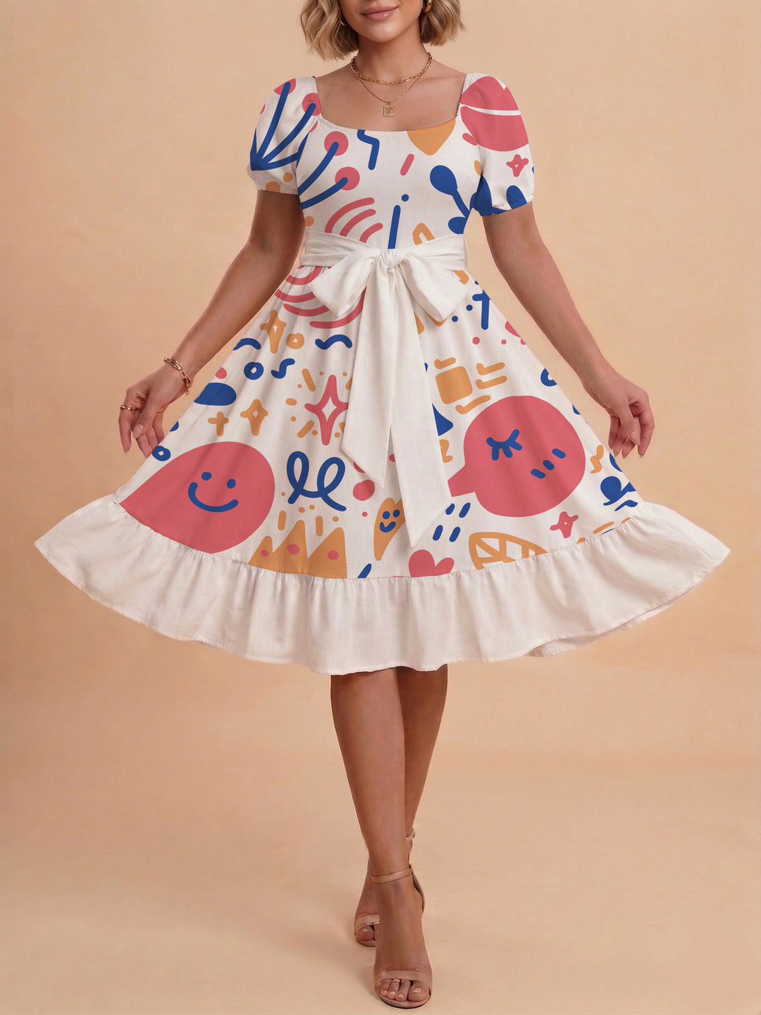 Damen Sommerkleid mit floralem Puffärmel und taillierbarem Gürtel Skjora