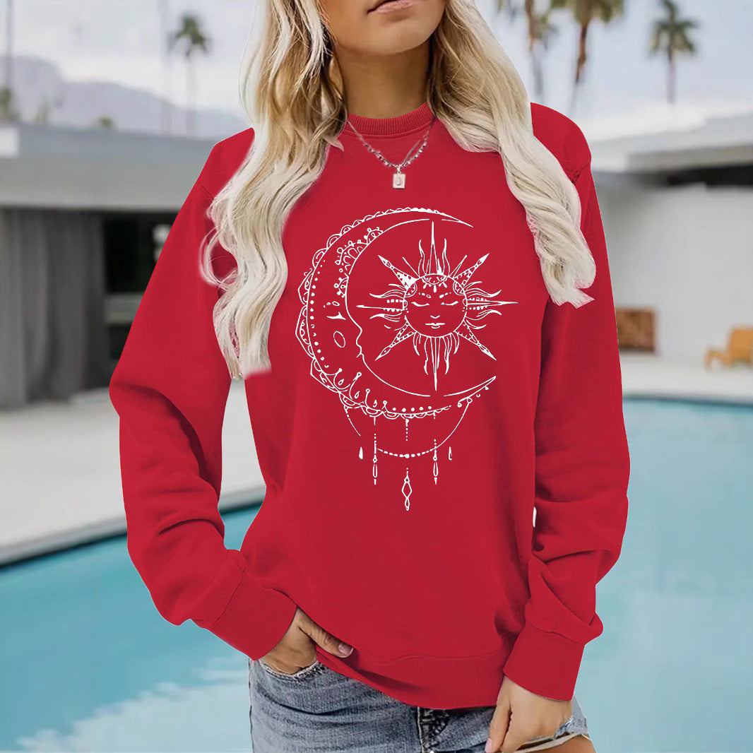 Dames sweatshirt med kunstnerisk sol- og måne-design Skjora