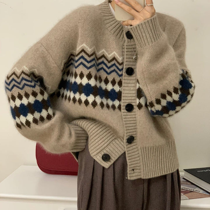 Damer Cozy Strikket Cardigan med Ornamentale Mønstre Skjora