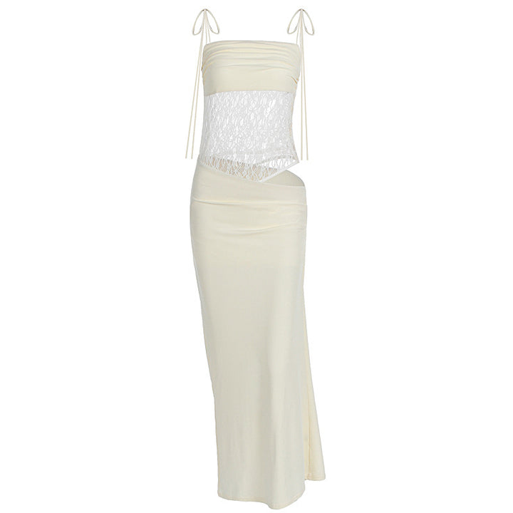 Dame elegant omslag maxikjole med transparente innsatser og fine detaljer Skjora