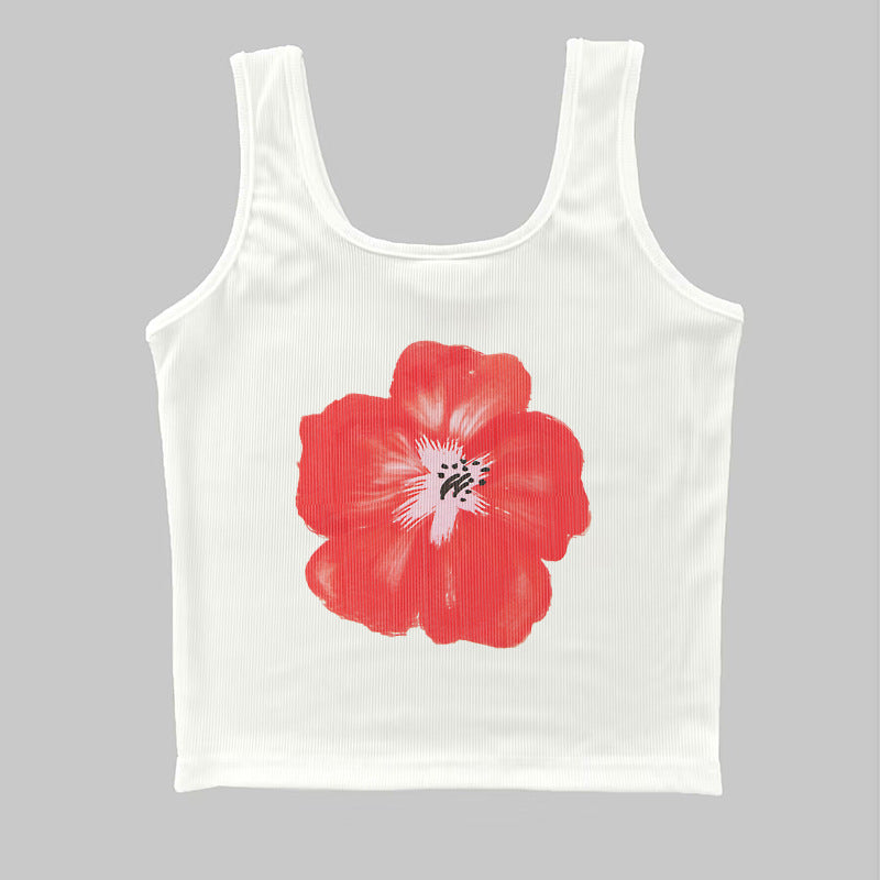 Damer ermeløs topp med blomsterlig hibiskus-motiv Skjora