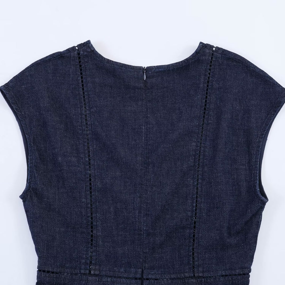 Dame Denim Maxikjole med elegant V-hals og figurskapende silhuett Skjora