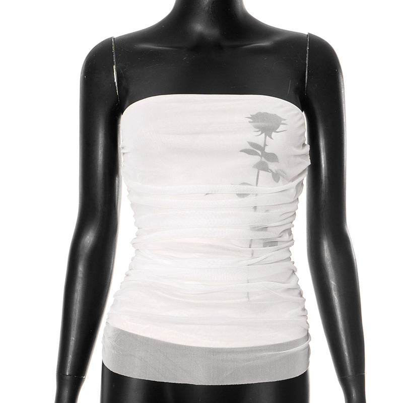 Dame Bandeau-top med rynk og transparent stoff Skjora