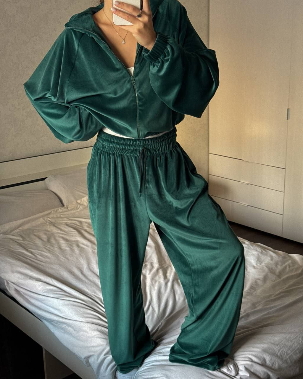 Dame Fleece Loungewear Set med Høy Krage og Elastisk Midje