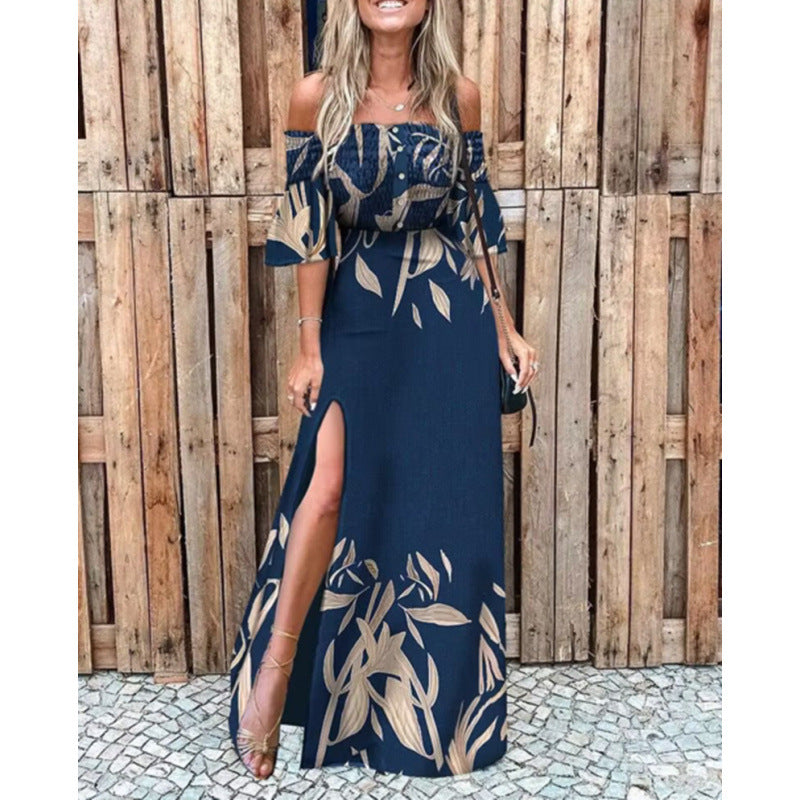 Dame Maxikjole med skulderfri design og elegante blomstertrykkdetaljer Skjora
