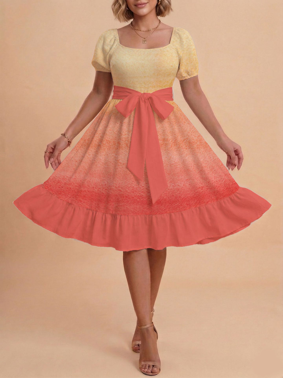 Damen Midikleid mit verspieltem Druck und tailliertem Schnitt Skjora