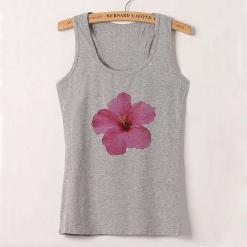 Women's Sleeveless Top with Floral Hibiscus Motif and Relaxed Fit Skjora