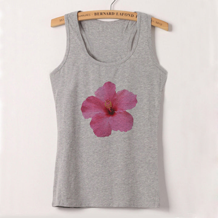 Women's Sleeveless Top with Floral Hibiscus Motif and Relaxed Fit Skjora