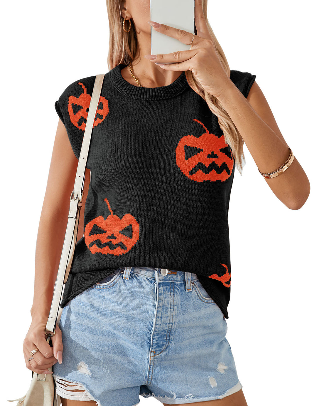 Dame strikket topp med Halloween motiv Skjora