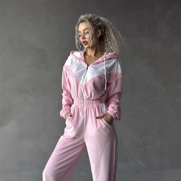Kvinnelig fleece joggedress med moderne glidelås og elastisk midjebånd Skjora
