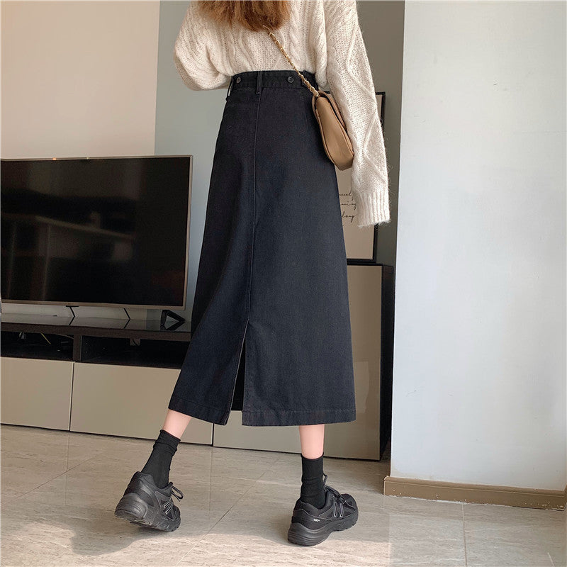 Dames denim midi skjørt med høy midje Skjora