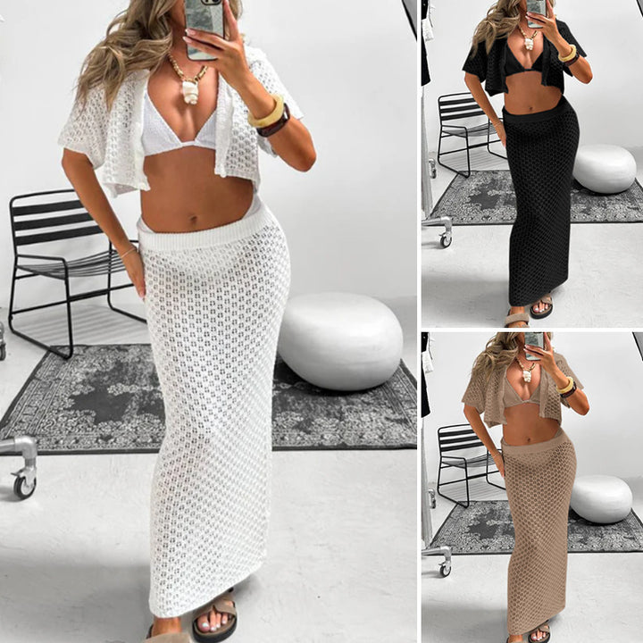Damen gehäkeltes Crop-Top und Maxi-Rock Set Skjora