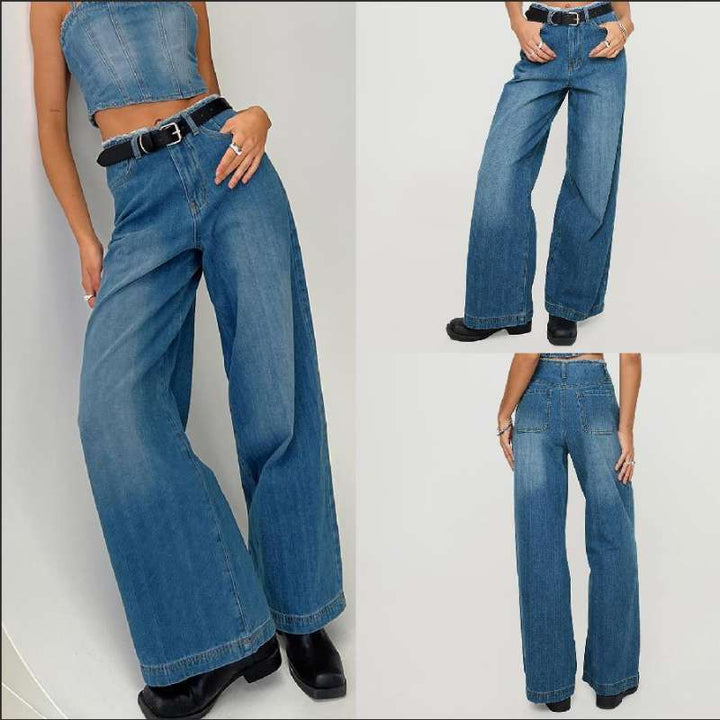 Damer vide denimjeans med høy midje og franse nederkant Skjora