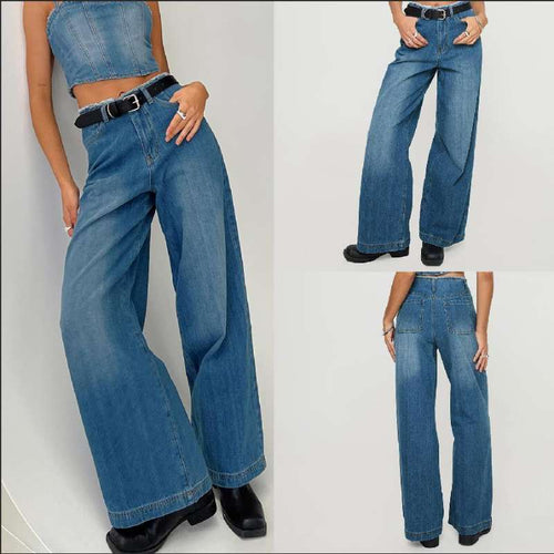 Damer vide denimjeans med høy midje og franse nederkant Skjora