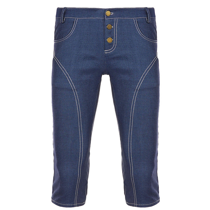 Dame Komfortable Caprijeans med dekorative knapper Skjora