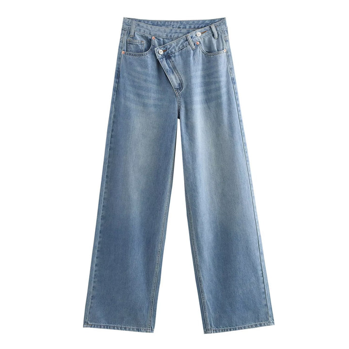 Damer vidt skjærte jeans i moderne design med asymmetrisk snitt Skjora