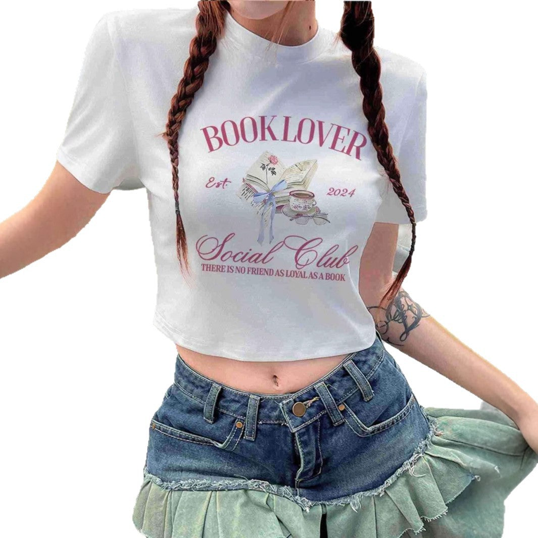 Dame Crop-T-skjorte med kreativ bokelsker-design og moderne trykk Skjora