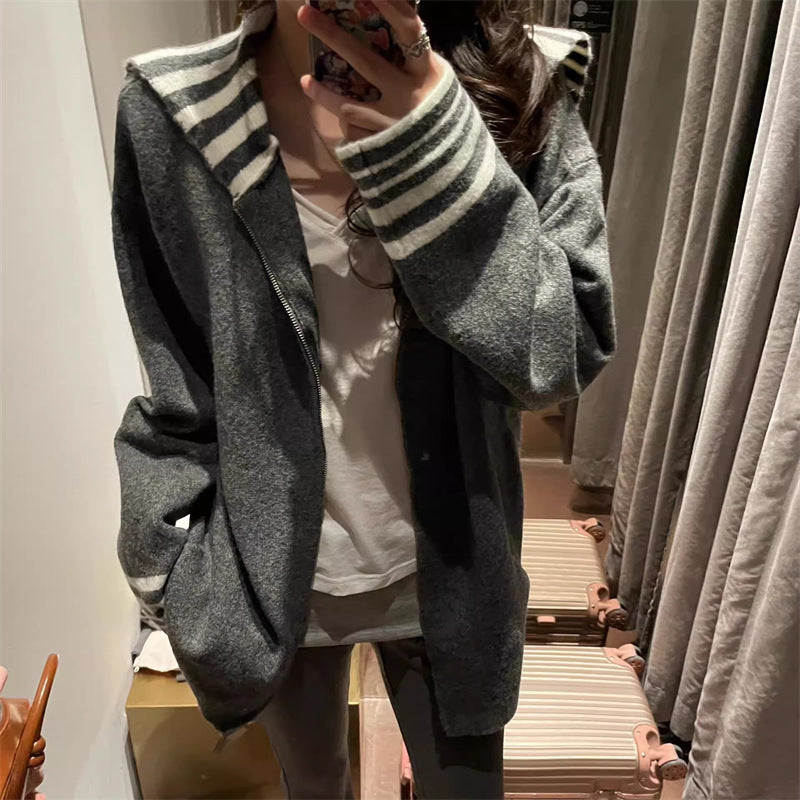 Dame fashonabel avslappet cardigan med stripete ermer Skjora