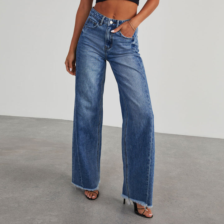 Damer Høyhåndet Mom Jeans i Klassisk Snitt med Frayed Hem Skjora