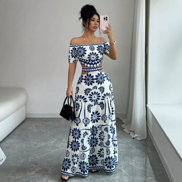 Dame Maxikjole med blomstret design og trendy off-shoulder utringning Skjora