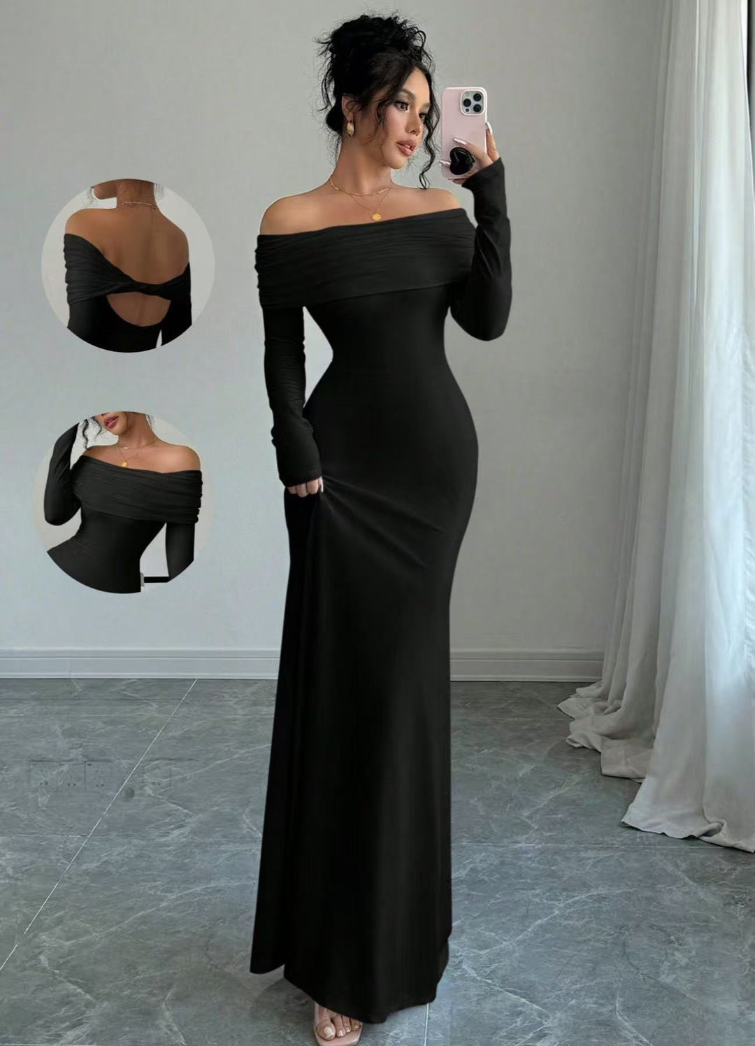 Dame Elegante Off-Shoulder Maksikjole med figurnær passform og lange ermer Skjora