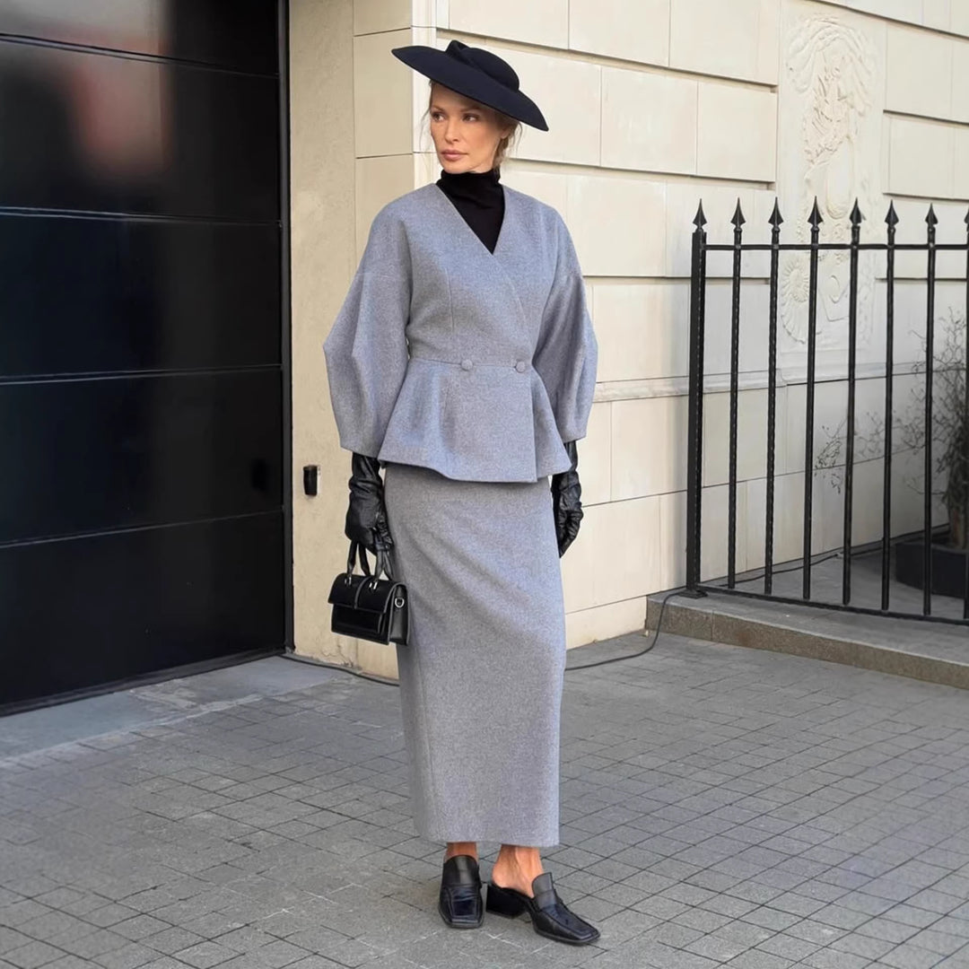 Dame Elegant Blyantkjole med Chic Blazer Topp og Puff Ermer Skjora