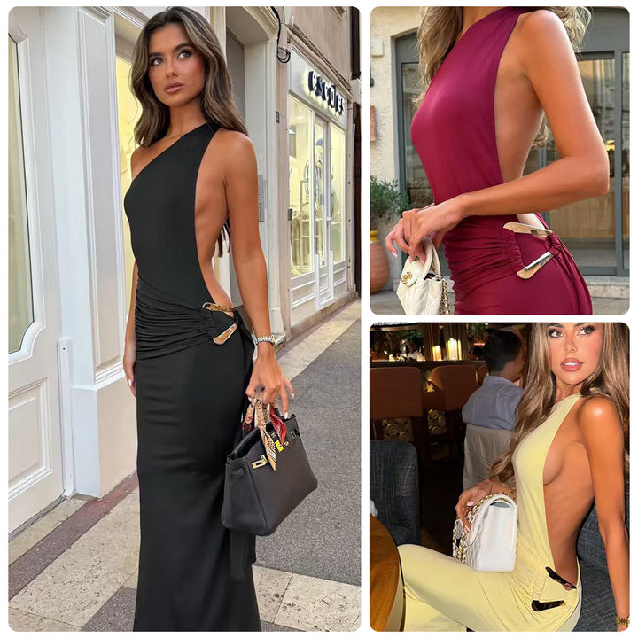 Kvinne Cut-Out Maxi Kjole med elegant ryggutsnitt og sidelengde draperinger