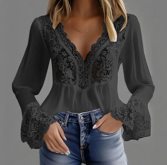 Dame elegant bluse med spissdetaljer og rynket kant Skjora