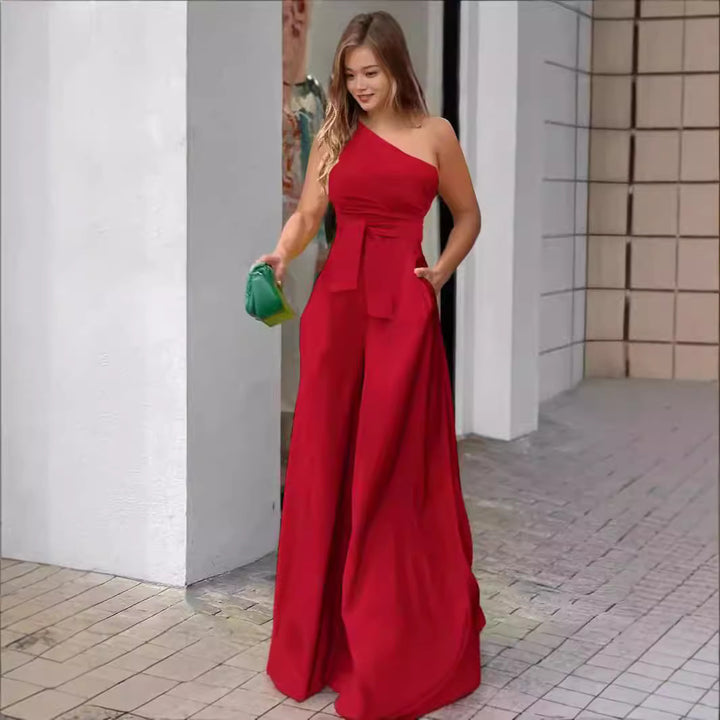 Dame Elegant En-skulder Jumpsuit med Belte og Bred Bein Skjora
