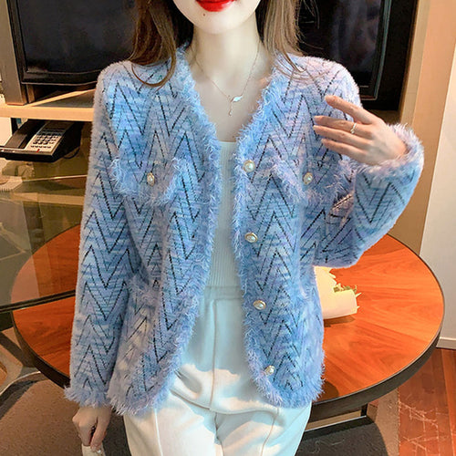 Kvinnelig motet cardigan med chic zigzag mønster og elegante knappdetaljer Skjora